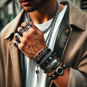 A picture of man wearing jewelry.